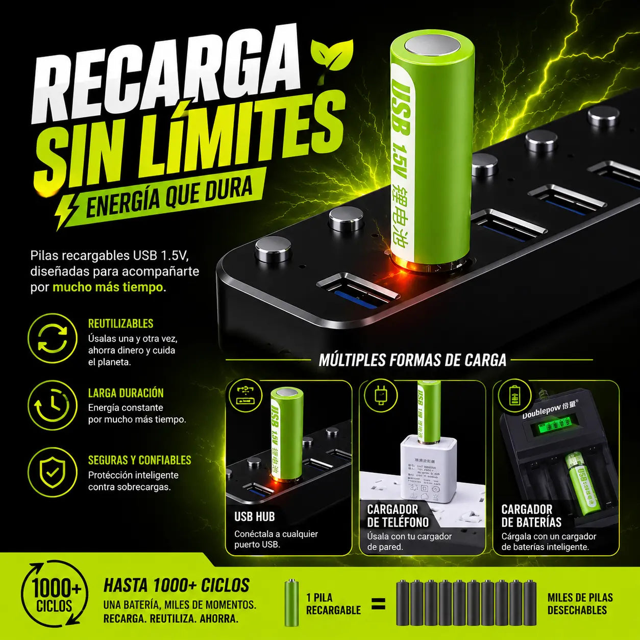 Pilas Recargables USB Batería pack x2