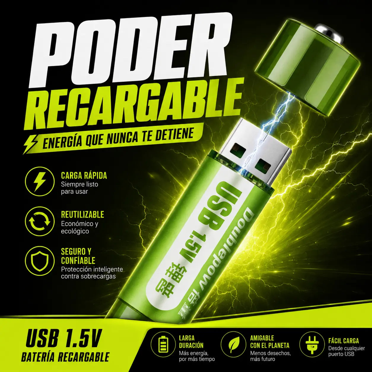 Pilas Recargables USB Batería pack x2